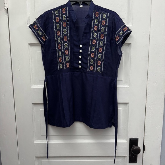 Tops - Boho Embroidered Folk Blouse Navy Peasant Top Tie Waist S M